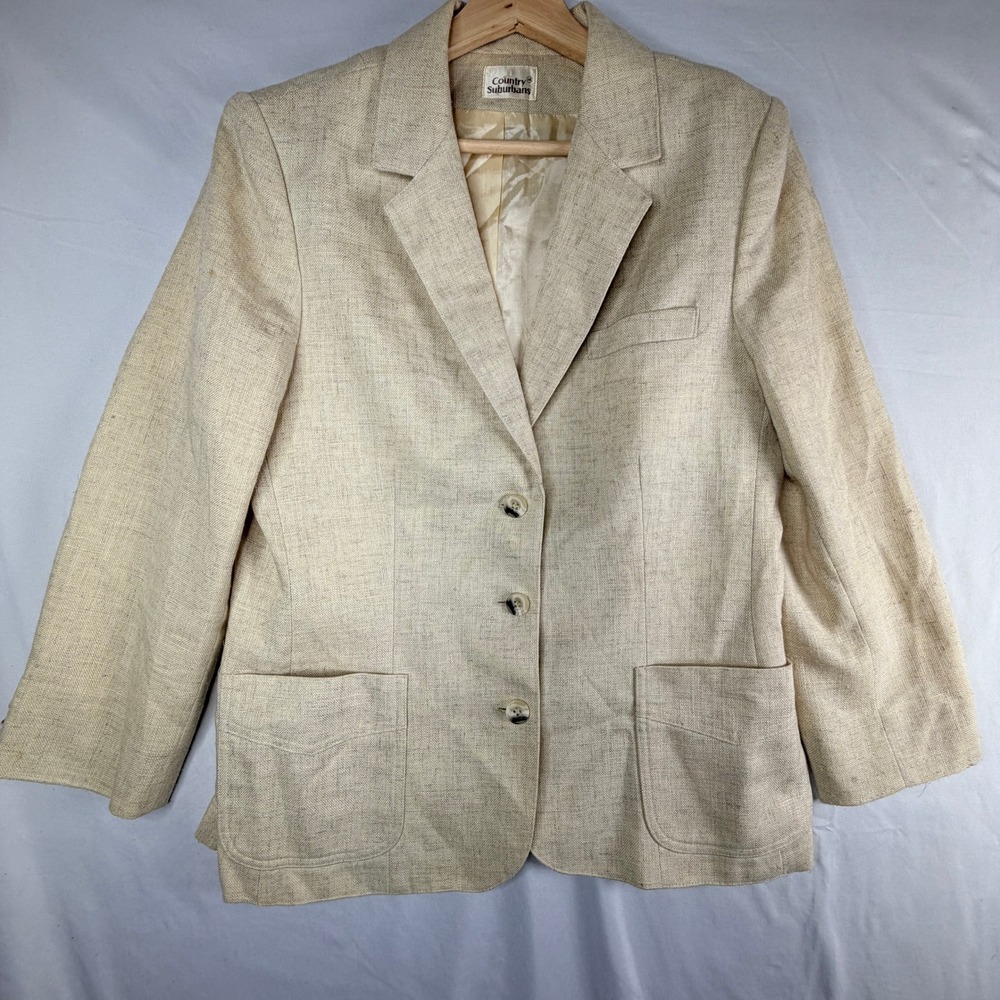 Country Suburbans Vintage Beige Linen Look Blazer Jacket Size 14 Neutral Classic